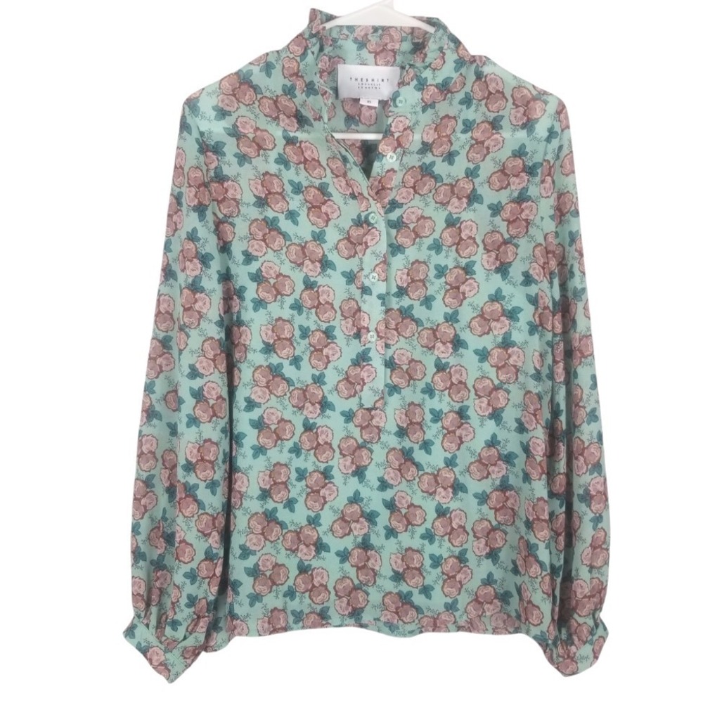 THE SHIRT Rochelle Behrens CREPE CHIFFON POPOVER Top/Blouse Teal Floral SIZE S